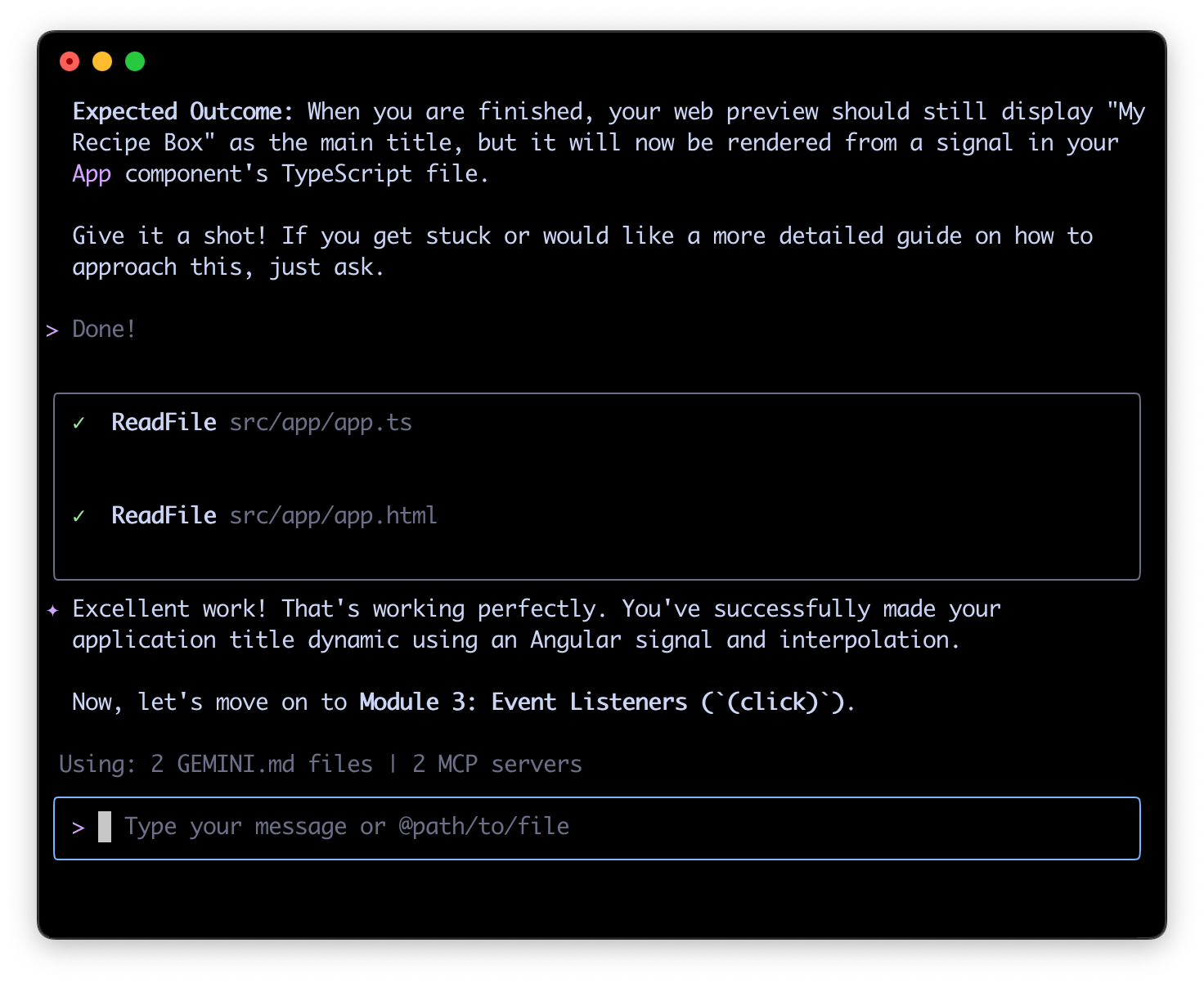 A screenshot of the Angular AI Tutor checking the user's work.