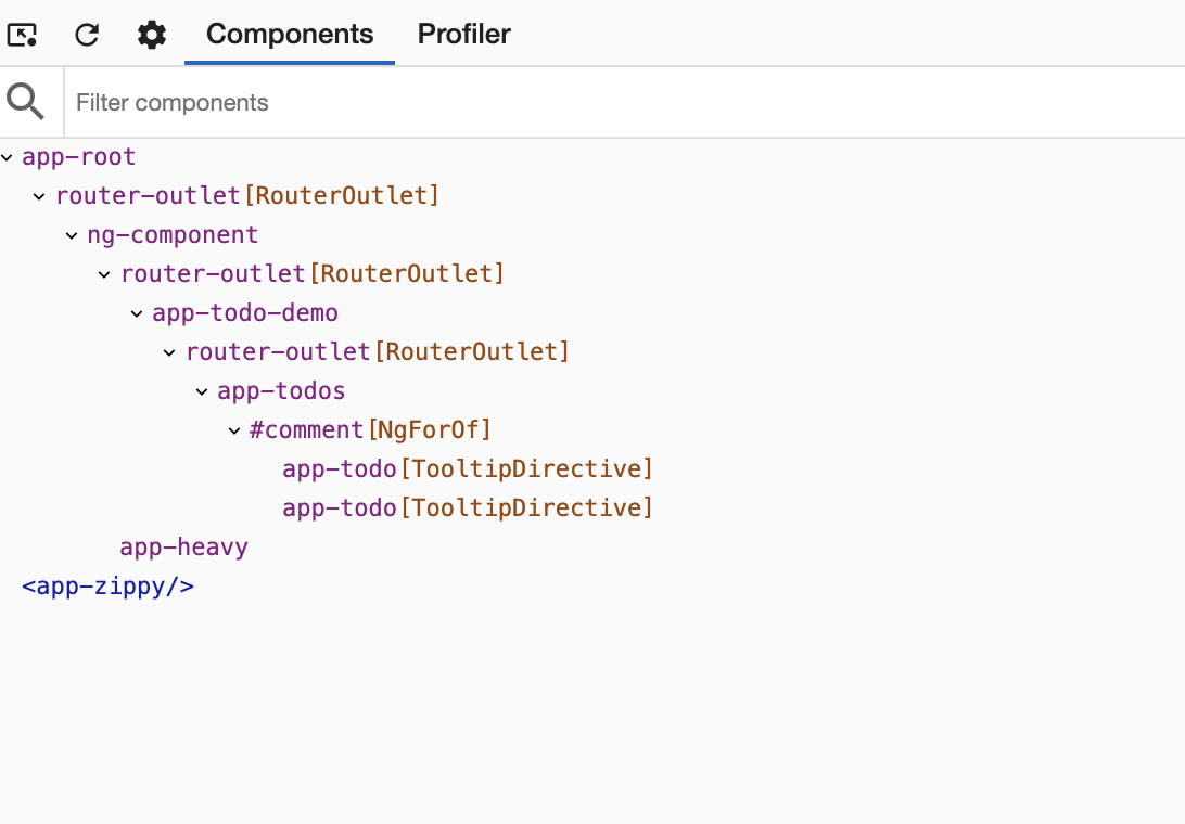 A screenshot of the 'Components' tab showing a tree of Angular components and directives starting the root of the application.