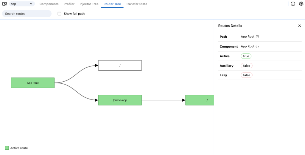 A screenshot of the 'Router Tree' tab in Angular DevTools showing a tree of configured routes. The active routes are highlighted in green, while inactive ones are white.