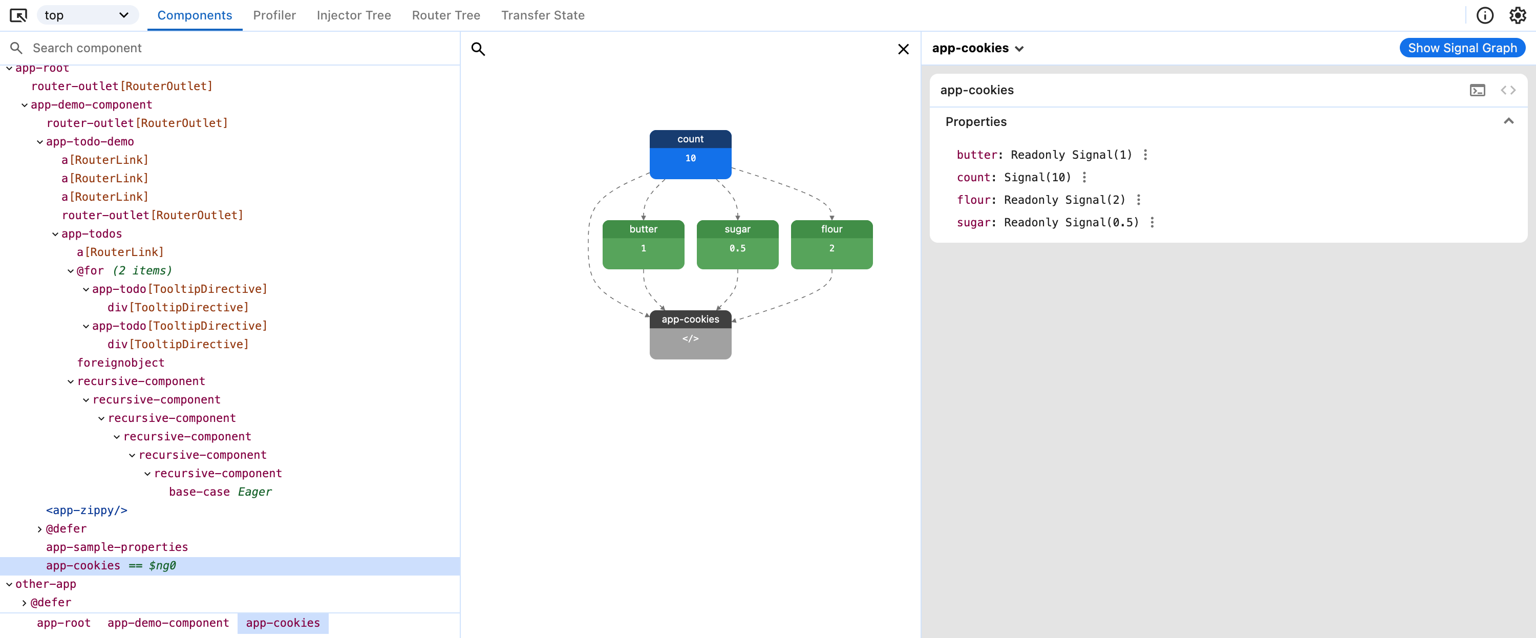 A screenshot of the 'Components' tab in Angular DevTools with the signal graph open for the selected component. The graph shows a signal node connected by edges to three computed nodes which the component's template reads, and the properties of the component are listed in a sidebar to the right.
