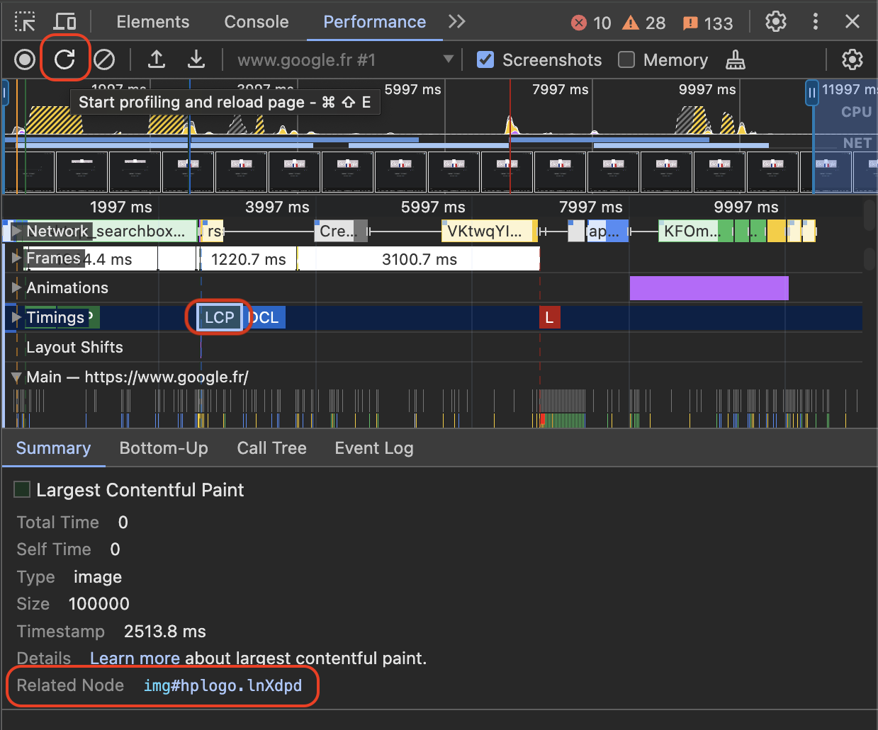 LCP in the Chrome DevTools