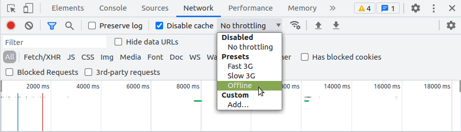 The offline option in the Network tab is selected