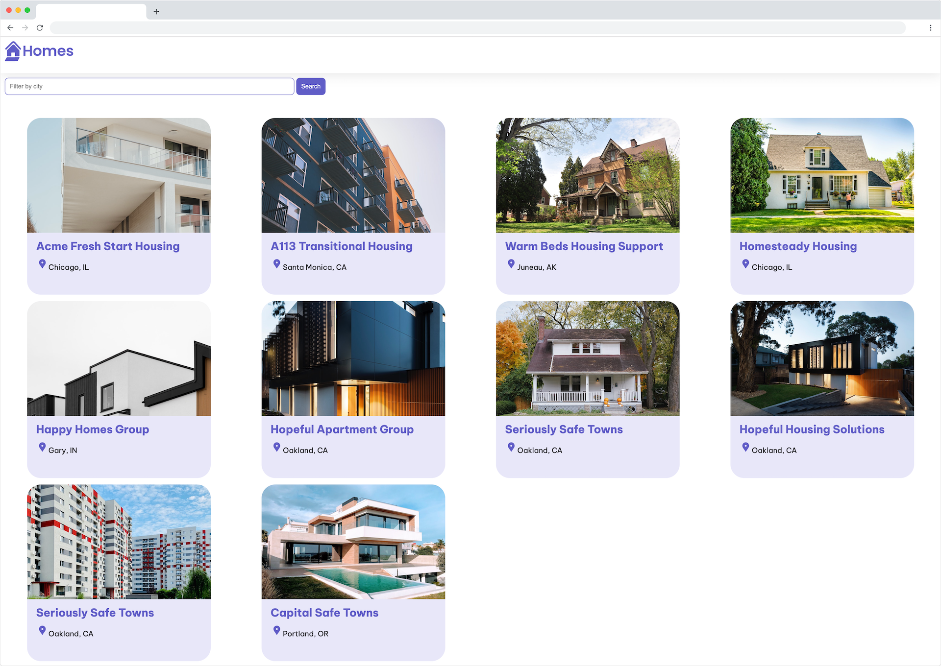 browser frame of homes-app displaying logo, filter text input box, search button and a grid of housing location cards